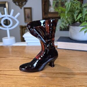 Vintage Red & Black Drip Glaze Boot Vase - MCM Victorian Style Pottery - 6" Tall